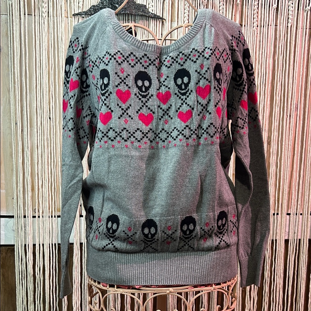 Torrid Gray Skull and Heart Pattern Sweater - Christmas Sweater